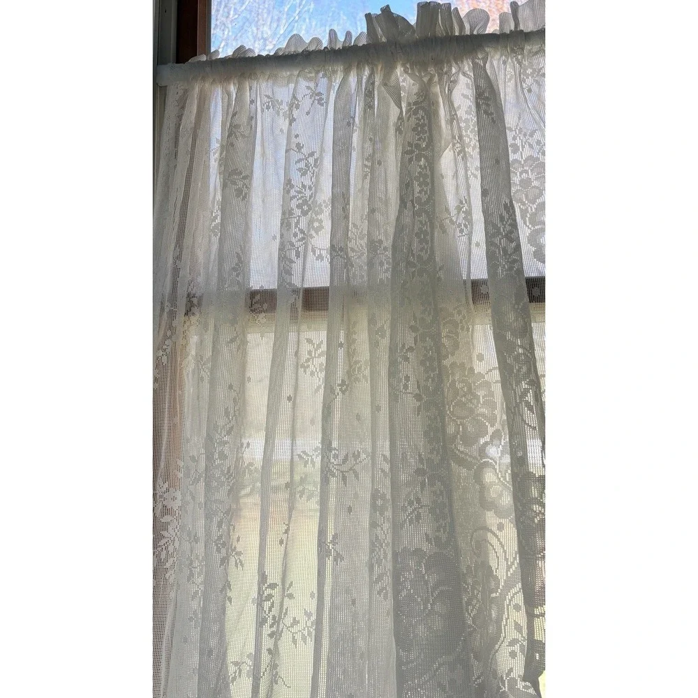 Ivory Lace Curtains And Valance Floral Leaf Pattern Scalloped Edge Vintage 86